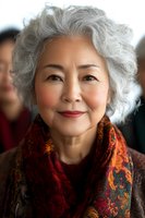 Senior Asian woman with silver curly hair wearing colorful patterned scarf smiles warmly at camera. Natural lighting highlights gentle facial features and authentic expression.