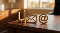 Wooden communication icons on desk with warm sunlight representing modern digital contact methods for business and personal use.