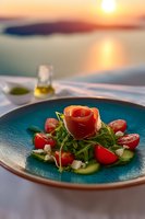 Fresh salad with prosciutto rose, cherry tomatoes, arugula, and feta cheese on turquoise plate against sunset ocean view background. Elegant restaurant serving.