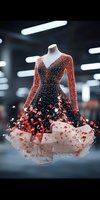 Elegant ballroom dance dress on mannequin with sparkling sequins and flowing tulle skirt decorated with red heart pattern, displayed in dark showroom setting.