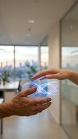 Hands holding glowing digital energy sphere with light trails in modern office space representing innovation and futuristic technology concepts.