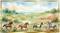 Herd of horses galloping through rolling countryside with wildflower meadows, mountains in distance, pastoral landscape painting for wall art and home decor.