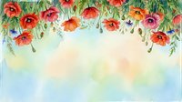 Watercolor floral border with red poppies and green foliage on soft pastel background, perfect for wedding invitations and spring greeting cards.