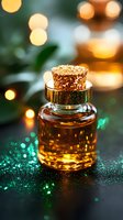 Small glass bottle with golden liquid and glitter cork stopper on dark surface, surrounded by emerald sparkles and warm bokeh lights in background.