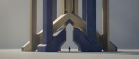 Silhouette of person standing in geometric corridor with symmetrical gold and navy blue architectural columns creating perspective toward light.