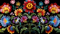 Vibrant folk art floral arrangement with colorful blooms in red, yellow, blue, and pink against black background, showcasing traditional embroidery style.
