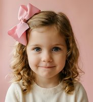 Adorable young girl with curly blonde hair wearing pink bow and white sweater smiling against soft pink background for children's fashion and lifestyle.