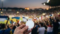 White medal or award held up at sports stadium event with cheering crowd and evening lights in background for victory celebration.
