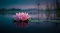 Pink lotus flower blooming on tranquil water surface with reflection at twilight, serene nature scene for meditation and wellness concepts.