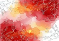 Festive watercolor gradient transitioning from soft pink to vibrant red and golden yellow with decorative lanterns and floral line art elements, suitable for holiday greeting cards, event invitations, and seasonal marketing materials.
