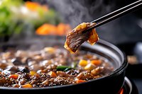 Steaming hot beef stew with tender meat chunks and colorful vegetables in black cast iron pot, chopsticks holding juicy meat piece with rising steam and rich sauce.