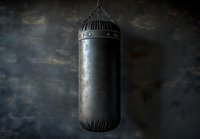 Vintage black leather punching bag hanging against dark textured background, dramatic lighting highlighting worn surface for boxing training.