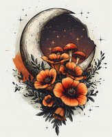 Mystical crescent moon with orange poppies and mushrooms arrangement against starry night sky, decorated with botanical elements and celestial sparkles. Magical floral art.