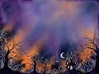 Halloween night watercolor background with haunted house, pumpkins, ghosts, bats, and spooky trees in purple and orange tones.