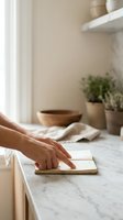 Woman's hands holding wooden cutting board on marble kitchen counter with herbs and natural lighting for cooking preparation and culinary design.