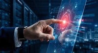 Businessman hand touching futuristic digital interface with glowing red target symbol in modern data center server room for technology solutions.