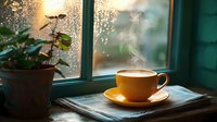 Steaming coffee cup on book near rainy window with houseplant, creating cozy atmosphere in warm morning light. Peaceful home setting for relaxation.