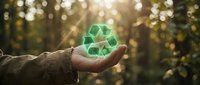 Hand holding glowing green recycling symbol in sunlit forest representing environmental conservation and sustainable living practices.
