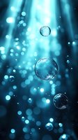 Floating transparent bubbles against dreamy turquoise bokeh background with light rays and sparkles, creating magical underwater atmosphere.