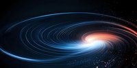 Spiral galaxy formation with glowing blue and orange light trails against dark space background, cosmic energy vortex with dynamic motion effect and starfield.