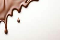 Melted chocolate drips and drops flowing down on white background, creating smooth glossy texture for confectionery and dessert designs.