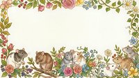 Adorable woodland animals border with floral frame featuring squirrels, hedgehog and mouse among roses, daisies and green leaves on cream background.