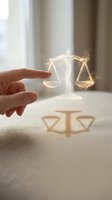 Hand pointing at glowing scales of justice symbol with shadow on neutral surface representing legal balance, fairness and judicial system concepts.