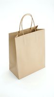 Brown kraft paper shopping bag with twisted rope handles, isolated on white background, eco-friendly packaging for retail and gift use.
