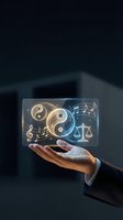 Hand of a man in business attire holding a glowing holographic tablet displaying yin yang symbols, musical notes, and scales of justice icons, representing balance, harmony, and wellness concepts.