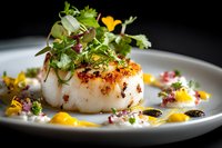 Perfectly seared scallop topped with fresh microgreens and yellow flower garnish, served on white plate with colorful sauce dots for gourmet dining experience.