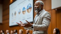 Senior African American businessman giving presentation in conference room with data charts on screen, engaging audience with confident gestures.