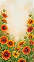 Watercolor gaillardia blanket flowers in red, orange and yellow framing a soft warm background with copy space for text.