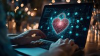 Digital heart symbol glowing on laptop screen with person typing in dark room illuminated by bokeh lights, cybersecurity and online dating concept.