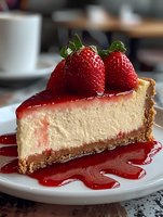 Slice of creamy cheesecake topped with fresh strawberries and red berry sauce on white plate, graham cracker crust visible, close-up view showing texture and layers.