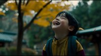Joyful Asian boy laughing outdoors in autumn park wearing yellow sweater and backpack, expressing pure happiness and carefree childhood emotions.