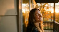 Young woman with long brown hair smiling peacefully with eyes closed in warm golden sunlight streaming through window during sunset hour creating serene moment.