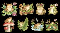 Cute frogs and toads with botanical elements isolated on transparent background. Ready for t-shirt designs, clipart, stickers, sublimation, print-on-demand products and digital crafts.