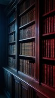 Vintage library bookshelf with antique leather-bound books in wooden shelving unit creating scholarly atmosphere for academic and literary projects.