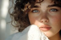 Close up portrait of young woman with natural makeup, curly hair and blue eyes in soft sunlight showing glowing skin and freckles, wearing white lace garment.