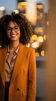 Young African American female professional wearing orange blazer and eyeglasses smiling at camera with blurred city lights background, suitable for business, corporate, and lifestyle marketing.