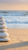Zen stone stack on sandy beach at sunset with soft ocean waves creating peaceful meditation and wellness atmosphere for spa and relaxation concepts.