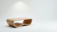 Modern curved wooden coffee table with flowing organic design isolated on white background for contemporary interior decor and furniture concepts.