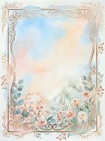 Ornate floral frame with watercolor sky gradient and botanical elements, featuring roses and foliage. Decorative border design suitable for invitations, cards, and stationery projects.