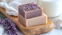 Handmade soap bars with dried lavender flowers on wooden board, natural skincare products with aromatic herbs and essential oils for spa treatment.