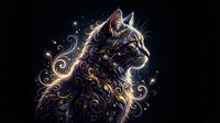 Majestic cat portrait with ornate golden swirls and decorative elements on dark background for luxury design projects.