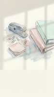 Watercolor office supplies illustration with stapler, notebooks and paper clips in soft pastel colors for stationery and workspace design projects.