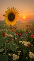Sunflower blooming in wildflower meadow at golden sunset with poppies and cornflowers creating romantic summer landscape for nature backgrounds.