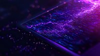 Futuristic digital technology concept with glowing purple and blue light effects on circuit board surface, representing data flow and connectivity in modern computing.