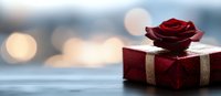 Elegant red gift box with velvet texture and golden ribbon topped with dark red rose against blurred bokeh lights background, romantic holiday setting.