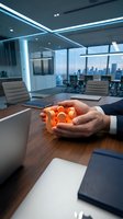 Businessman holding glowing orange light bulb in modern office with city skyline view, representing innovation, ideas, and creative business solutions for corporate environments.